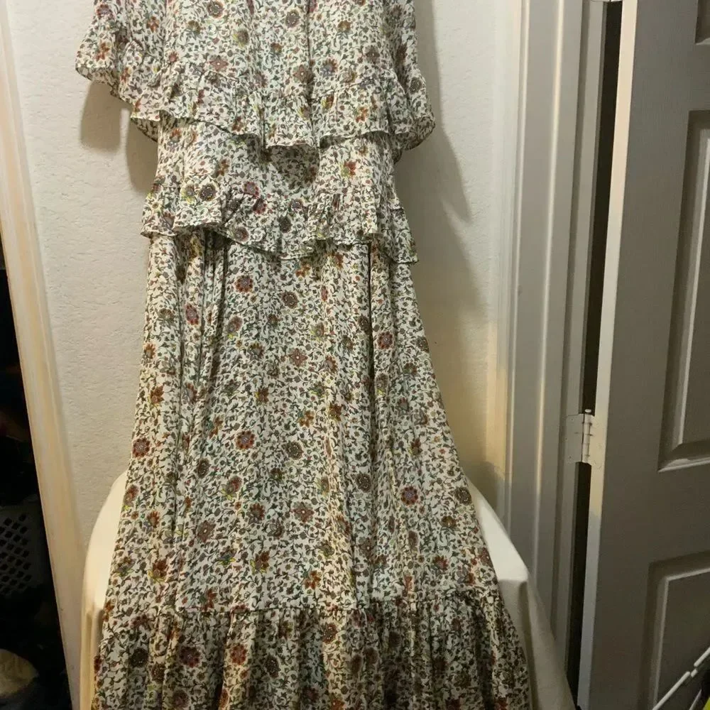 TORY BURCH Ivory Paisley Printed Ruffle Maxi Long Silk Dress 3/4 Sleeves NWOT